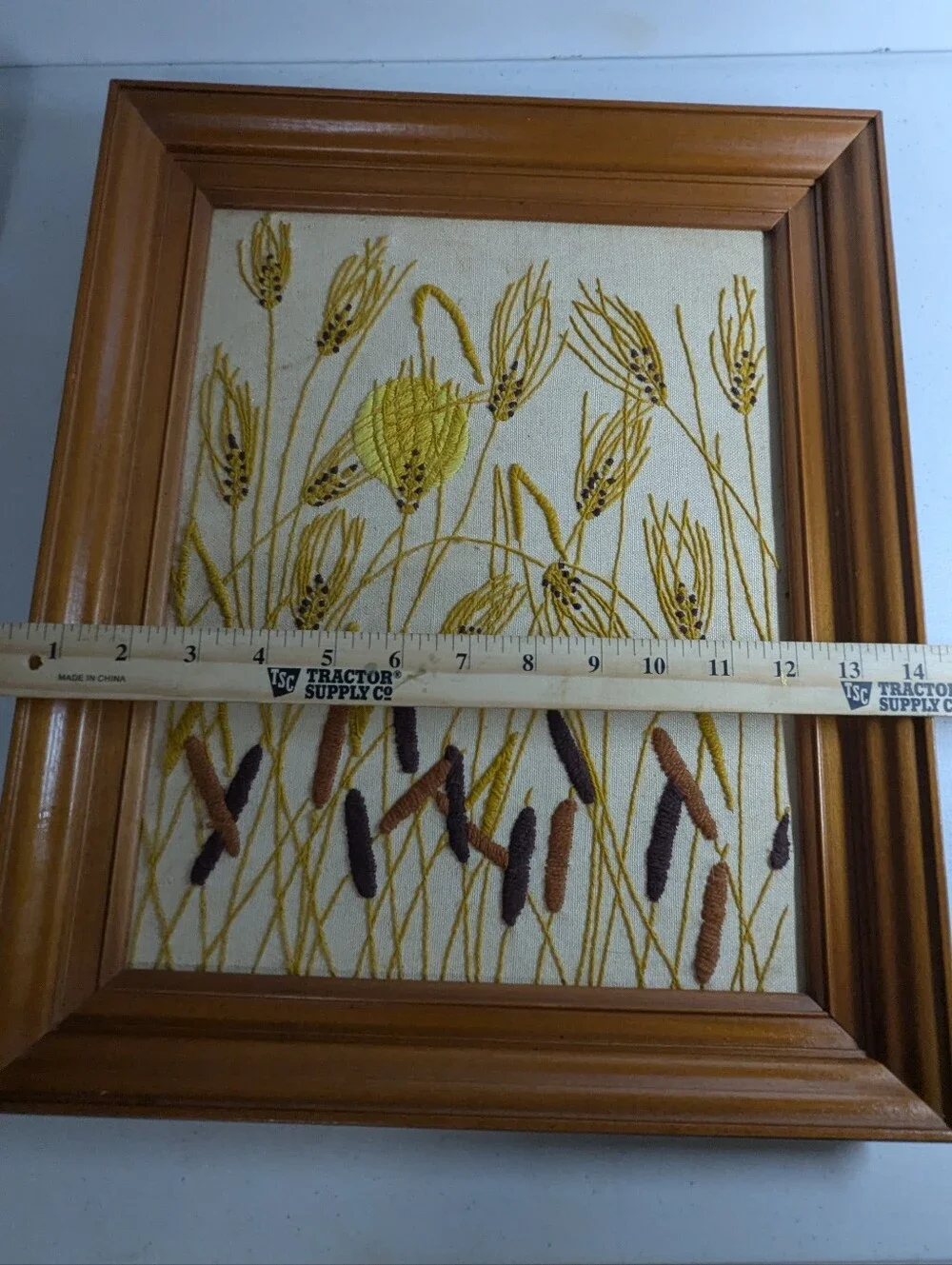 Vintage Crewel Embroidery Wall art Cattails and sunset